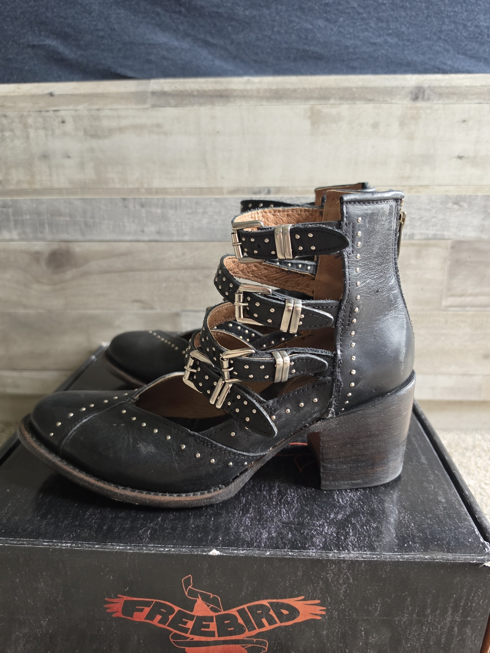 FREEBIRD FELICITY - SIZE 10 - Black Studded Buckle Ankle Boots